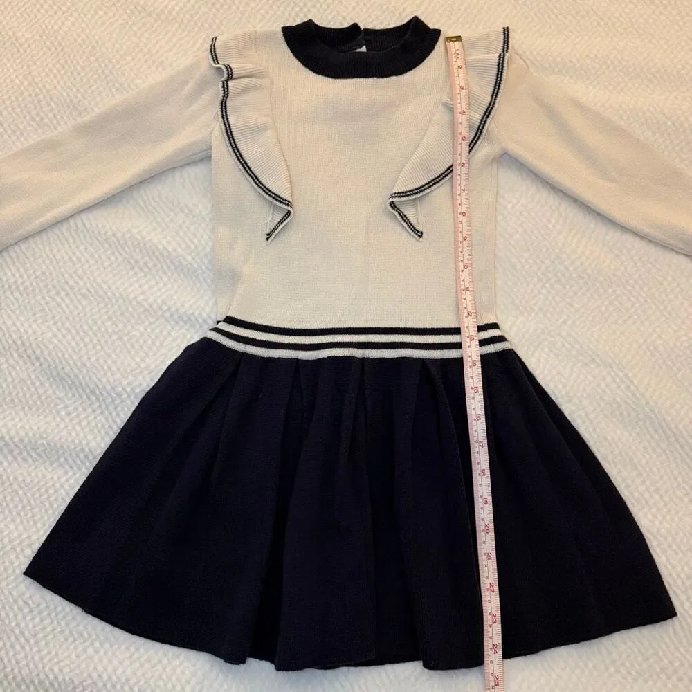 Hope & Henry | Ivory Navy Knit Dress | Ruffle Trim and Mock Neck | Girls 5